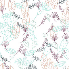 Trendy outline native foliage and leaves seamless pattern. Small and medium elements paradise flora leaves.Vector illustration.