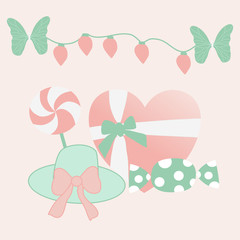 vector illustration with heart gift box, lollypop and hat