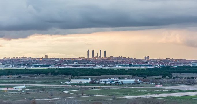 Timelapse Madrid - Barajas Airport at night, take off planes. Madrid, Spain
