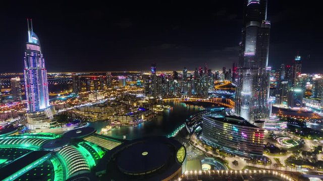 night illumination dubai famous music fountain roof view 4k time lapse uae