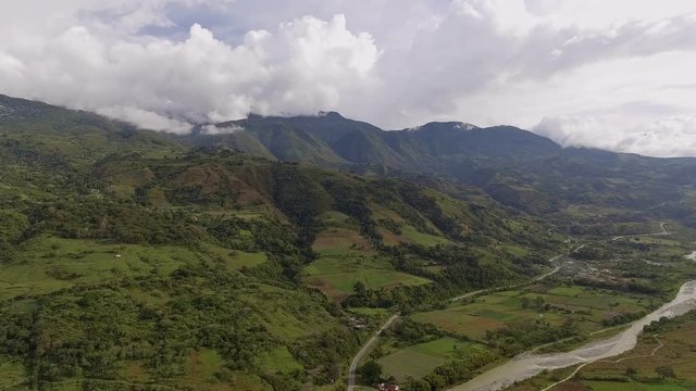 Aerial view of Bocono River crossing the city of Bococo, Venezuela