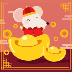Fototapeta premium The character of cute mouse with chinese money and coins in the red background and chinese pattern.The cute mouse look happy with money in china theme. The character of cute mouse in flat vector style