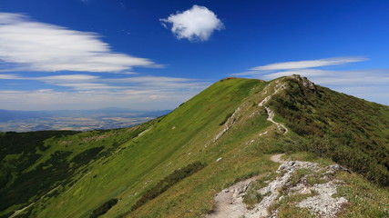 Walking path on green ridge of Fatra Mountains, Slovakia