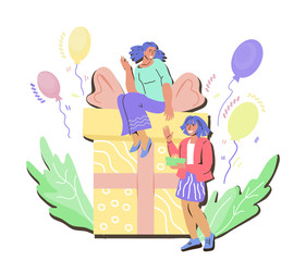 Online store or internet shop loyalty program promotion concept with people cartoon characters and gift box. Customers bonus and rewarding, gift and special offer. Flat vector illustration isolated.