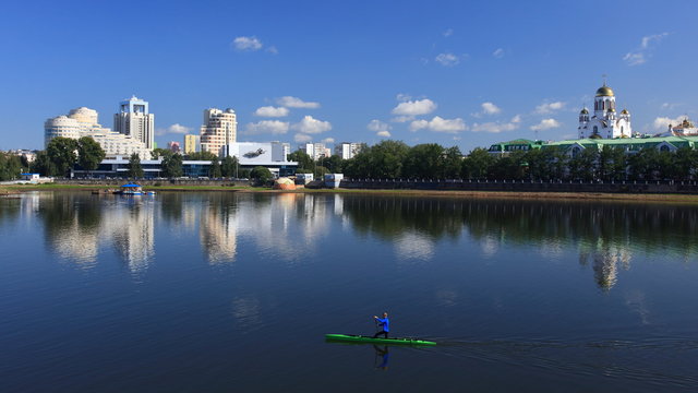 Downtown view of Yekaterinburg. Along with Gorodskoy Prud on Iset river and local cinema in the background.