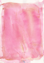 Pink watercolor abstract background. Transparent pink watercolor brush strokes, stains and gold texture. Abstract texture for textile, paper, packaging