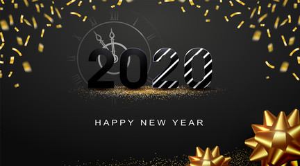 Happy New Year 2020, black background, celebrate 2020 party, festive sparkling decoration, holiday layout banner