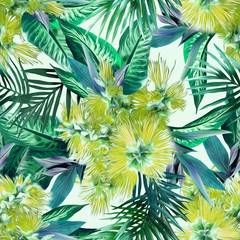Exotic flowers seamless pattern. Artistic background.