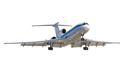 Flying passenger aircraft with landing gear isolated on a white background. Front view