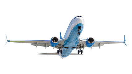Flying modern passenger aircraft with landing gear isolated on a white background. Front view