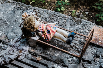 The doll in the abandoned kindergarten in the ghost town of Pripyat, Ukraine,