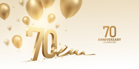 70th Anniversary celebration background. 3D Golden numbers with bent ribbon, confetti and balloons. - obrazy, fototapety, plakaty