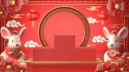3d render image of red geometric podium.chinese tradition podium for beauty branding cosmetic or any product.Concept Shopping podium for chinese rat year.