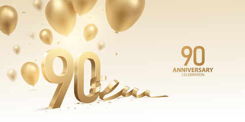 90th Anniversary celebration background. 3D Golden numbers with bent ribbon, confetti and balloons.