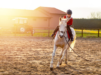 8 year boy riding white horse during sunset at ranch - obrazy, fototapety, plakaty