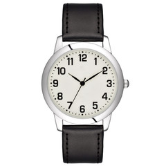 chrome watch with white clock face and leather bracelet isolated on white background