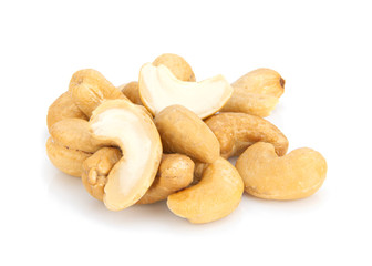 Roasted cashew nuts on white background