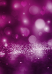 Hearts on a sparkling shiny background. Red abstract background. Blurry bokeh, neon light.