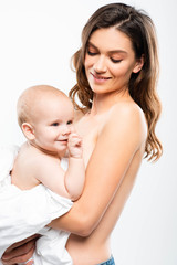 portrait of cheerful naked mother holding baby, isolated on white