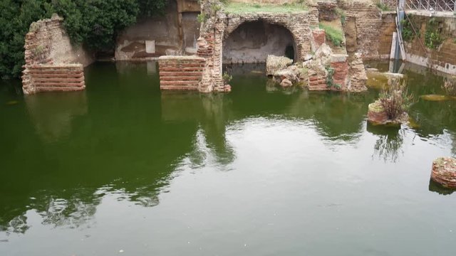 The Sacellum of the Augustals (Sacello degli Augustali), a building from the Roman period used for the rituals of worship of the emperors. Campi Flegrei regional park, Miseno, Bacoli, Naples, Italy