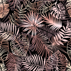 Fototapety  Różowe złoto tropikalny wzór. Różowa dżungla pozostawia na czarnym tle