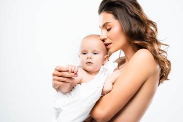 portrait of together nude mother holding baby, isolated on white