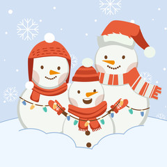 The character of cute snowman with friends or family on the blue background and snow. The character of cute snowman wear winter hat ans scarf and winter gloves and light bulb in flat vector style.