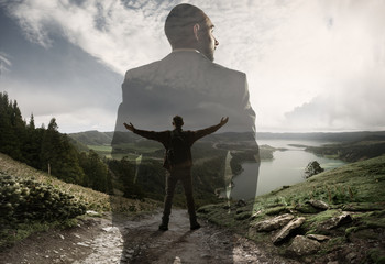 Freedom. Businessman with landscapes on background, double exposure. Lives in megapolis but needs...