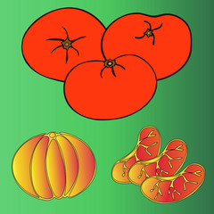 Color illustration of a festive tangerines. Slice and peeled. Citrus. Green background. New Year. Holiday print.