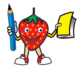 strawberry cartoon holding book and pencil vector illustration