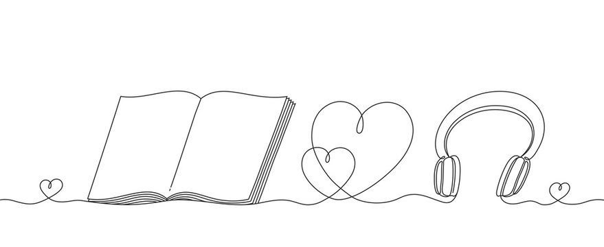 Headphones and an open book with a heart, a continuous linear pattern. Musical instrument for listening music and a educational subject for reading