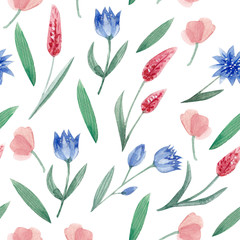 Floral  Seamless pattern design with hand-drawn wild flowers and herbs. The repeated drawing can be used for web page background, surface texture and fabrics. Watercolor illustration isolated on white