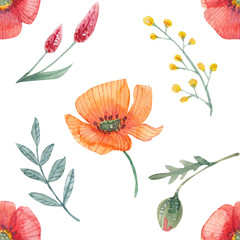 Seamless pattern floral design with hand-drawn wild flowers - poppies and herbs. The repeated drawing can be used for web page background, surface texture and fabrics. Watercolor illustration
