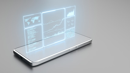 3D Rendering of glowing led blue color of business information data on high tech glass panel on chromium 5g mobile phone. Concept for financial advisory using artificial intelligence technology.