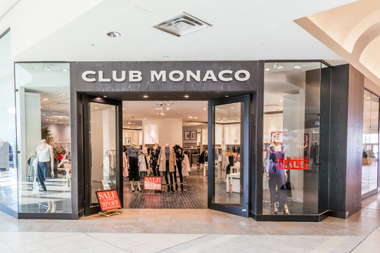 TORONTO, CANADA - JANUARY 19, 2018: Club Monaco store front in the Fairview Mall in Toronto. Club Monaco is a high-end casual clothing retailer owned by Polo Ralph Lauren, an American corporation.