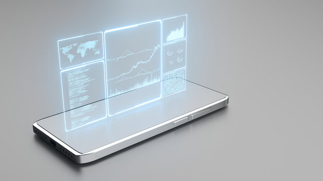 3D Rendering Of Glowing Led Blue Color Of Business Information Data On High Tech Glass Panel On Chromium 5g Mobile Phone. Concept For Financial Advisory Using Artificial Intelligence Technology.