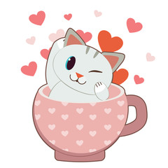 The character of cute cat sitting in the pink cup with the heart. The cute cup with pattern of heart. The cute cat smiling in the pinkcup. The character of cute cat in flat vector style.