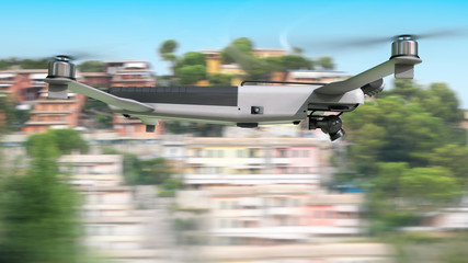 Drone close-up during the flight. Motion blurred background. Mixed media
