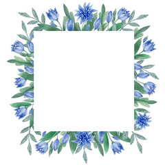 Watercolor leaves and flowers romantic frame. Vintage square frame with herbs, flowers and leaves. Floral frame for decoration, title, greeting card, menus, cosmetics, natural and organic products