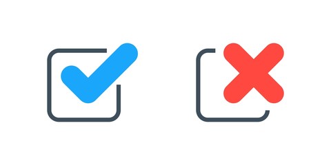 Tick and cross signs, checkmark and x or confirm and deny icon button flat for apps and websites symbol, Isolated sign symbol, Checkmark right symbol tick sign, Test question, checkbox button choose © azvector