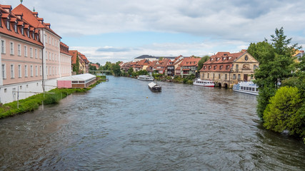 Fototapeta na wymiar Boat moored near the small Venice, Klein Venedig, on the Regnitz river in Bamberg