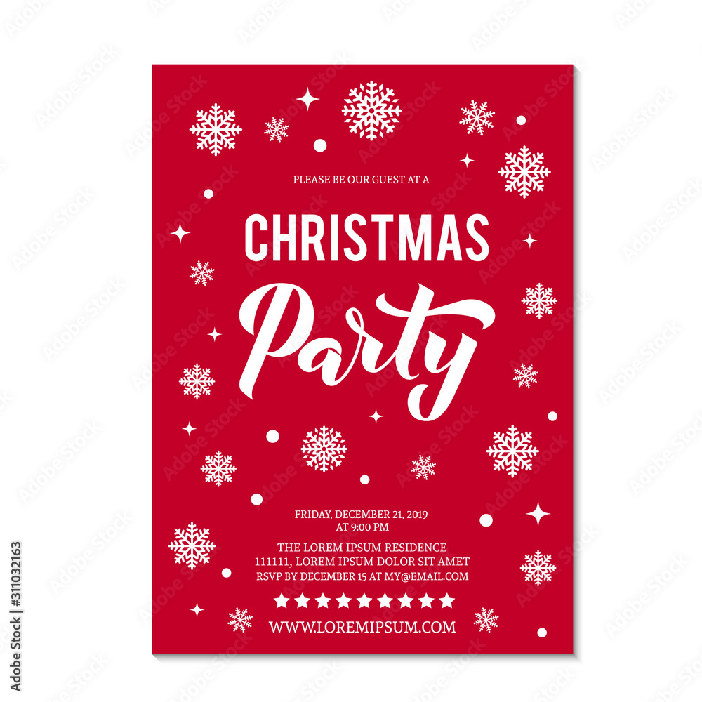 Wall mural Christmas Party invitation with lettering and white snowflakes and dots on red background. Winter holidays celebration invite. Easy to edit vector template.