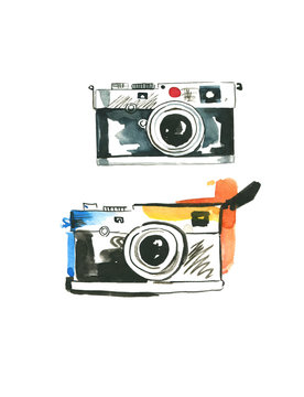 Watercolor illustration of a retro photo camera