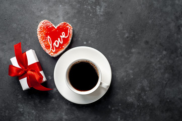 Coffee and cheesecake - heart-shaped cakes with the inscription Love, for Valentine's Day, a gift...