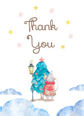 Cute happy birthday card with cartoon Mouse and spruce tree, winter mood, snow. Watercolor clip art and beauty boho style. Baby Shower card nursery