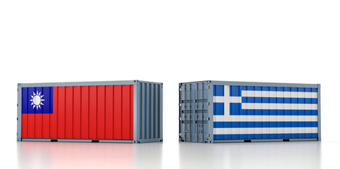 Freight container with Taiwan and Greece national flag. 3D Rendering