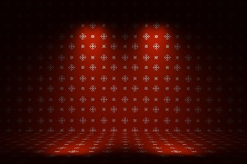 3D illustration of Christmas product showcase. Red room studio background with white snowflakes  illuminated by spotlights.