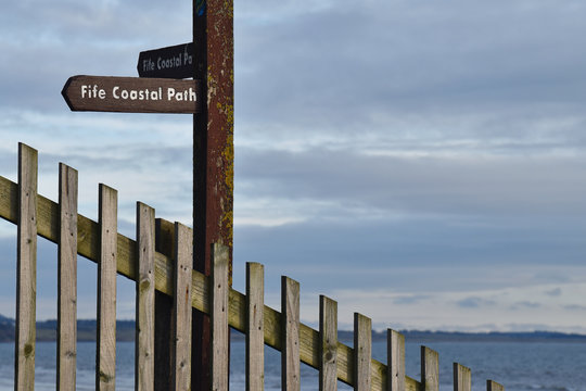 Signpost for Fife Coastal Path on Leven Beach in Fife