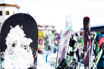 Alpine snowboards winter sports resort snow mountains,