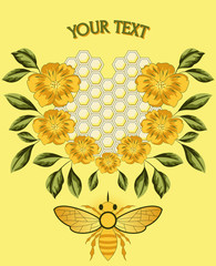Bee with flowers and honeycomb